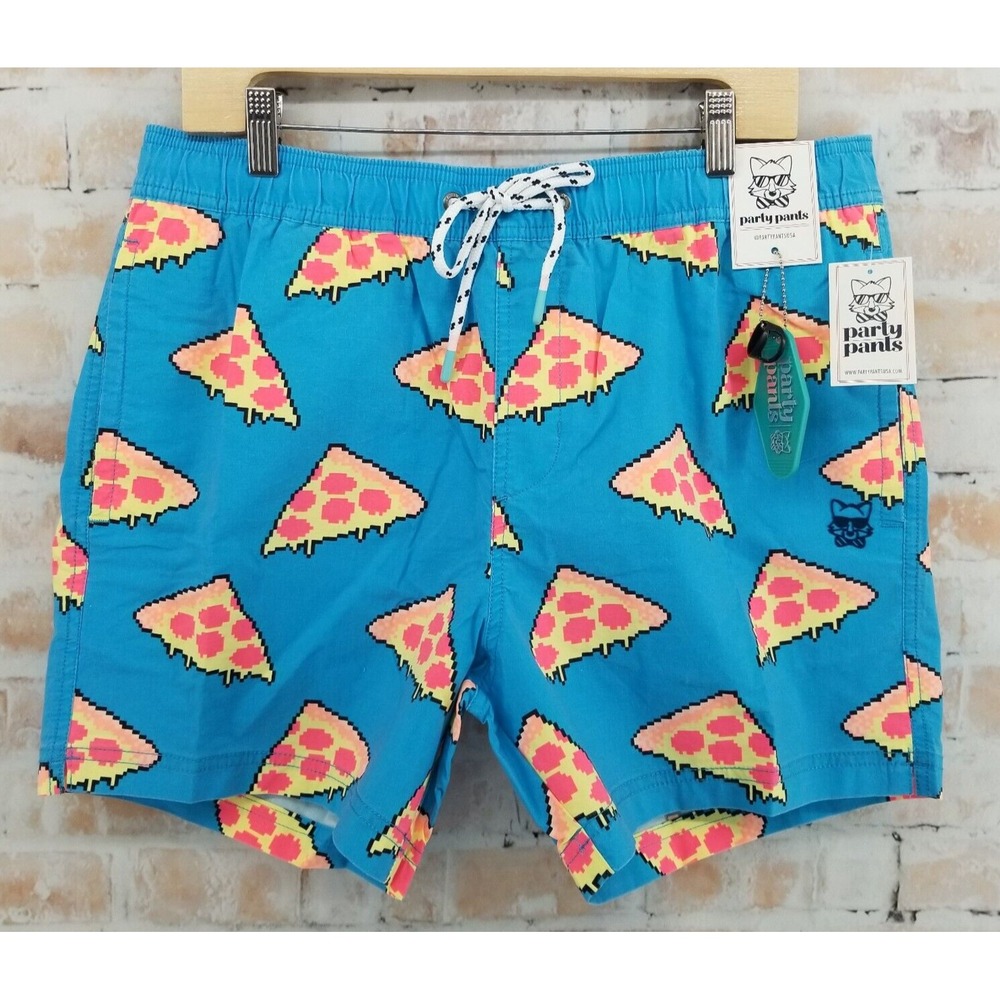 Party Pants USA Men's Swim Trunks Blue Baked Short Pizza Large NWT